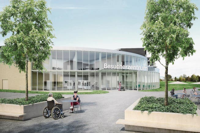 So soll der Eingangbereich des künftigen Besucherzentrums des Paraplegikerzentrums Notwil aussehen. (Bild: Visualisierung: Hemmi Fayet Architekten, Zürich)