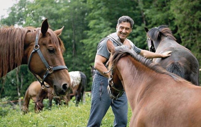 Schauspieler Tom Volkers (Winnetou) freundet sich mit den Pferden an, die im Freilichtspiel zum Einsatz kommen werden. (Bild: Corinne Glanzmann (Engelberg, 16. Juni 2017))