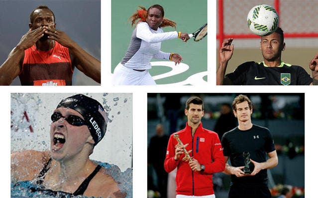 Die Ausnahmekönner (von links): Usain Bolt, Serena Williams, Neymar, Katie Ledecky sowie Novak Djokovic und Andy Murray. (Bild: Keystone)