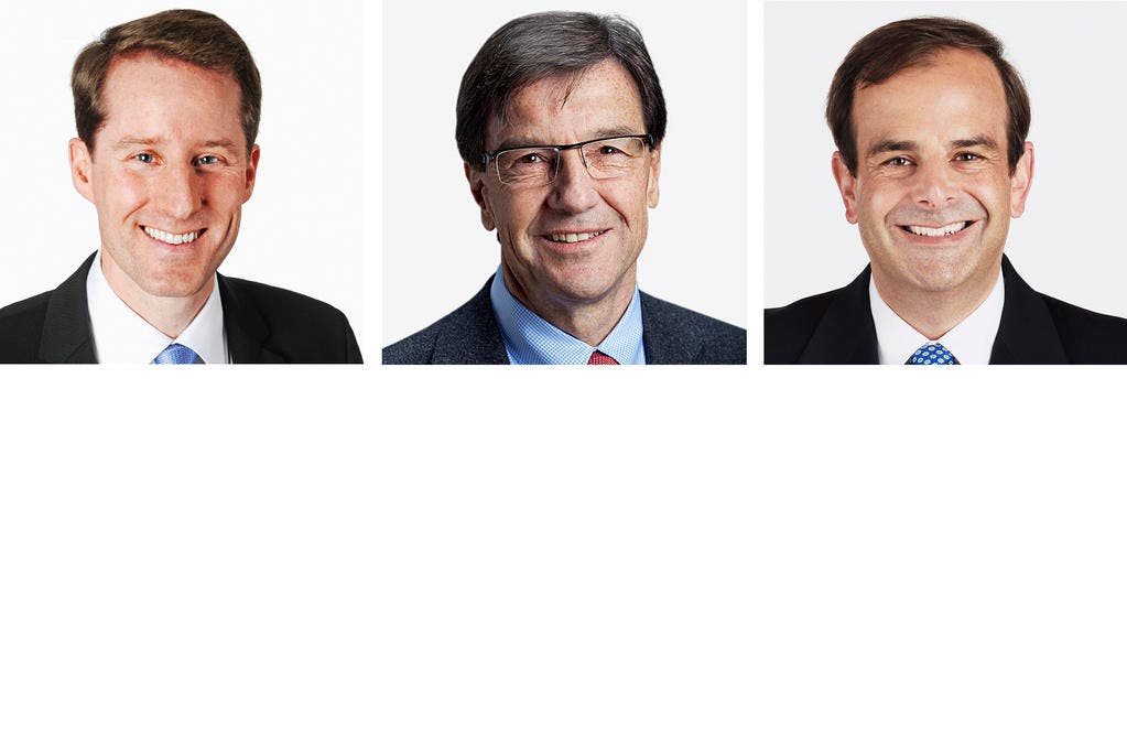 ZUG - (obere Reihe von links) Thomas Aeschi (bisher), SVP; Bruno Pezzatti (bisher), FDP; Gerhard Pfister (bisher), CVP. (Bild: Keystone / Handout)