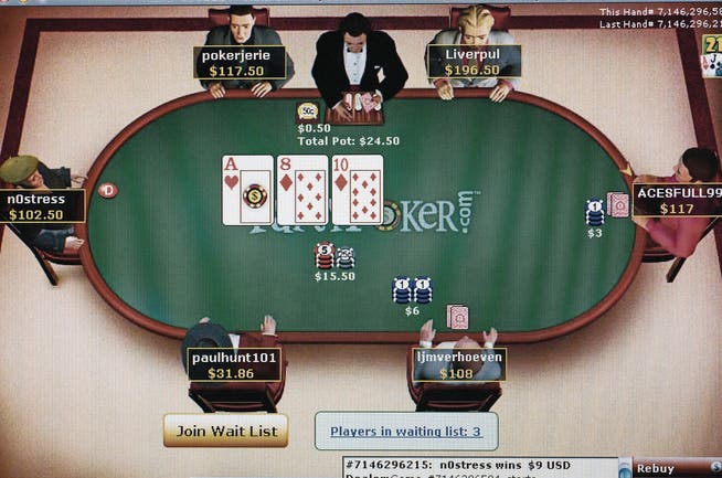 Screenshot von einem Onlinepokerturnier. Solche Onlinespiele wollen bald auch Schweizer Casinos im Netz anbieten. (Bild: www.alamy.com)