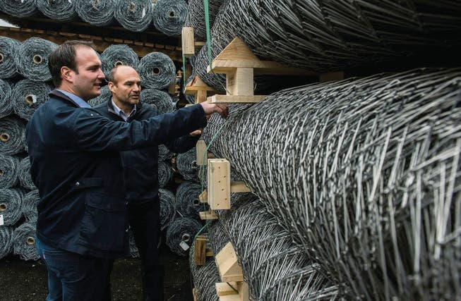 Begutachten die frisch produzierten Fishfarming-Schutznetze der Geobrugg AG: Philipp Seemann (links) und Urs Dornbierer. (Bild: Reto Martin)