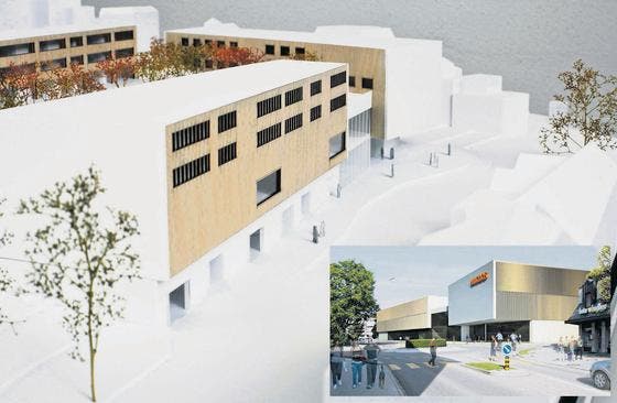 Die Fassade des Migros-Neubauprojekts hat gegenüber der ersten Plänen (kleines Bild unten rechts) Änderungen erfahren. (Bild: pd)