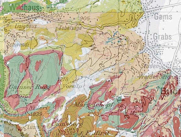 Die farbigen Flächen geben Auskunft über die Verbreitung sowie Art und Alter der Gesteinsformationen. (Bild: Swisstopo)