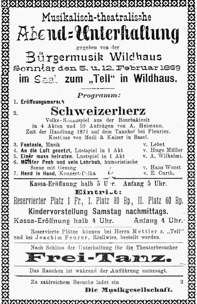 Mit diesem Plakat machte die Bürger- musik auf die Theateraufführung von 1899 aufmerksam.