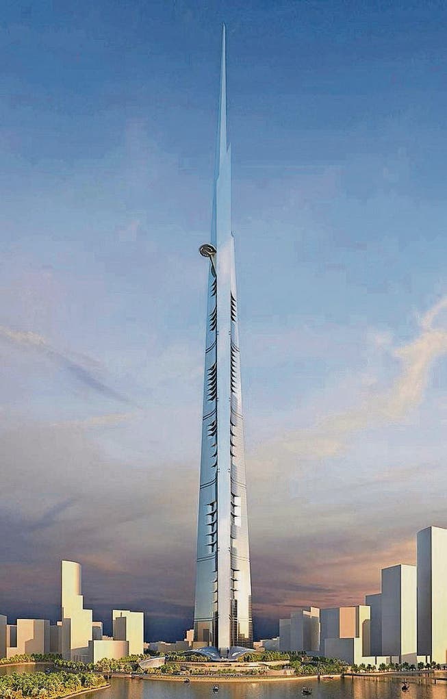 Der Kingdom Tower soll 1007 Meter hoch werden und 210 Etagen haben. Das Fundament wird 60 Meter tief in den Boden gegossen. (Bild: Visualisierung: pd)