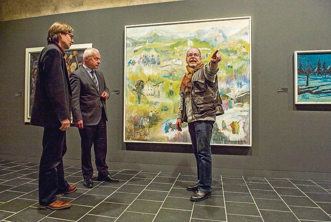 Thomas Bachofner, Heinz Scheidegger und Markus Landert vor Bildern der Ausstellung «Pausenstück» in der Kartause Ittingen. (Bild: Reto Martin)