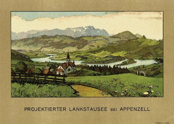 Der Lanksee bei Appenzell auf einer zeitgenössischen Projektskizze. Zwischen 1914 und 1925 wurden vier Projekte für einen Sitterstausee unterhalb von Appenzell ausgearbeitet. (Bild: SAK-Archiv)