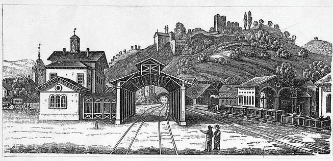 Der Bahnhof Baden 1847. Im Hintergrund der unter der Leitung von Jakob Sulzberger gesprengte Schlossbergtunnel. (Bild: PD)