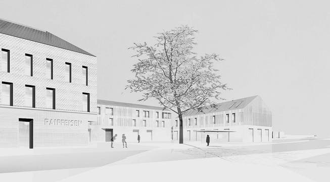 Der Raiffeisen-Platz in Altnau soll im Sommer 2018 so aussehen. Dann ist der Bezug des Neubaus geplant. (Bild: Visualisierung: pd)