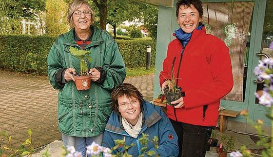 Freude am Gärtnern: Besucherin Rosmarie Ornik sowie Cornelia Haag und Doris Guhl vom Gartehag-Team. (Bild: Brenda Zuckschwerdt)