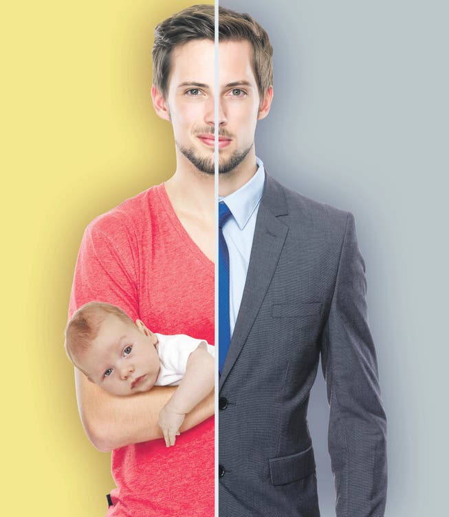 Sucht seine Position zwischen Familie und Arbeit: Der moderne Mann. (Bilder: fotolia, Montage, sgt/Marion Oberhänsli)