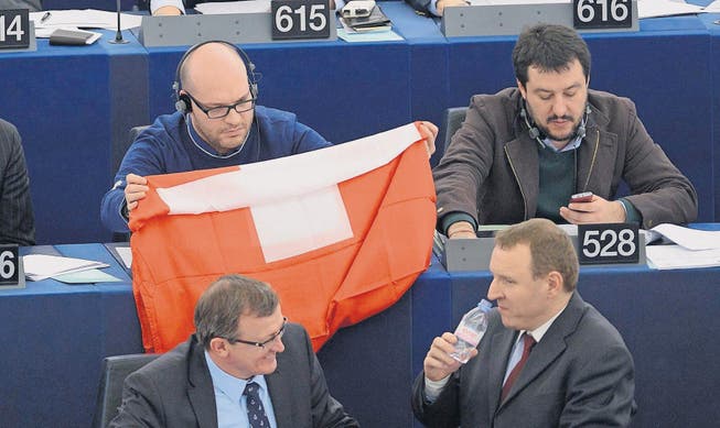 Nicht nur Lega-Mitglied Lorenzo Fontana machte gestern im Europaparlament in Strassburg als Fahnenträger auf sich aufmerksam. (Bild: epa/Patrick Seeger)