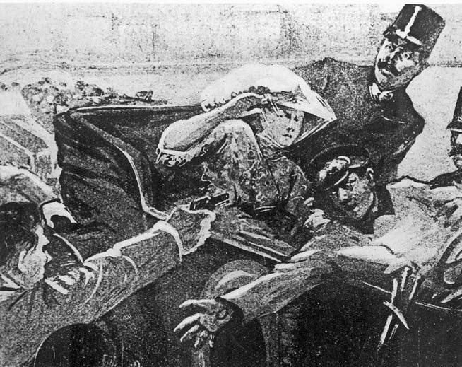 Die zeitgenössische Grafik zeigt die Ermordung von Erzherzog Ferdinand und seiner Gemahlin Sophie. (Bild: key)