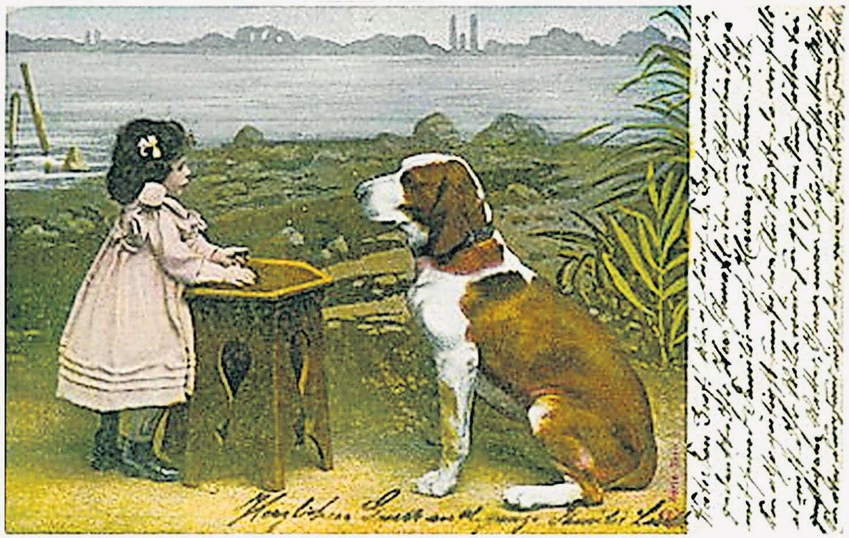 Die Postkarte zeigt ein Kind mit einem Thurgauer Laufhund. Das Bild malte der deutsche Künstler und Kynologe Richard Strebel (1861&ndash;1940). (Bild: pd/Glättli «100 Jahre Schweizer Laufhund Club»)
