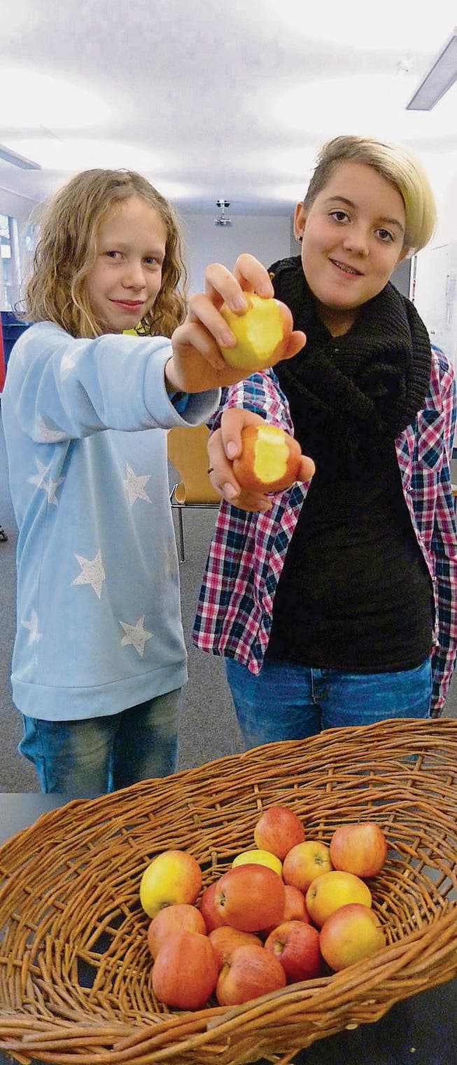 Fiona Pafrath aus Eschenz (12) und Riccarda Manhart aus Herdern (13) holen sich an der SBW-Schule Frauenfeld einen Apfel. (Bild: Gudrun Enders)