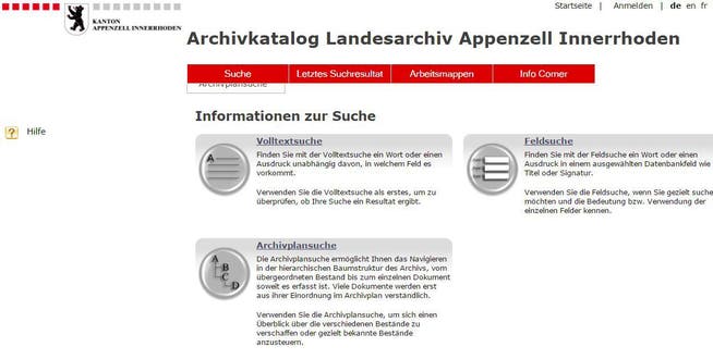 Im elektronischen Archivkatalog finden sich Hinweise auf Urkunden, Akten und Bücher. (Bild: Screenshot landesarchiv.ai.ch)