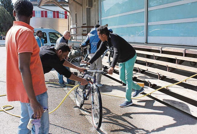 An die dreissig Fahrräder wurden vor dem Schuppen in Ebnat-Kappel von Asylbewerbern geputzt. (Bild: Stefan Füeg)