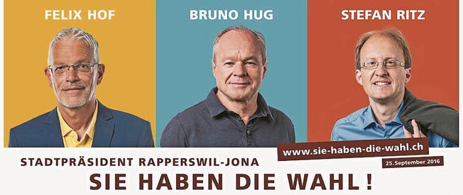 Gemeinsamer Werbeauftritt gegen den Amtsinhaber: Felix Hof, Bruno Hug und Stefan Ritz wollen Stadtpräsident in Rapperswil-Jona werden. (Bild: pd)