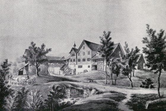 Ein Aquarell aus dem Jahr 1845 zeigt die Feldmühle, die dem wasserreichsten Bach am Rorschacherberg den geläufigsten seiner Namen gab. (Bild: OT-Archiv)