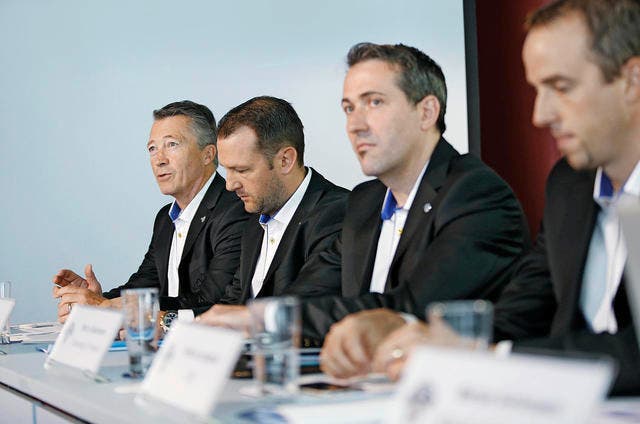 Die Chefetage des EV Zug (von links): Trainer Harold Kreis, Sportchef Reto Kläy, Marketingchef Marco Baumann und CEO Patrick Lengwiler. (Bild Stefan Kaiser)