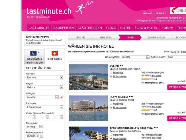 Mit Plattformen wie Lastminute.ch oder Bravofly.com schreibt das Internetreisebüro Lastminute.com mit Sitz im Tessin derzeit noch rote Zahlen. (Bild: Screenshot)