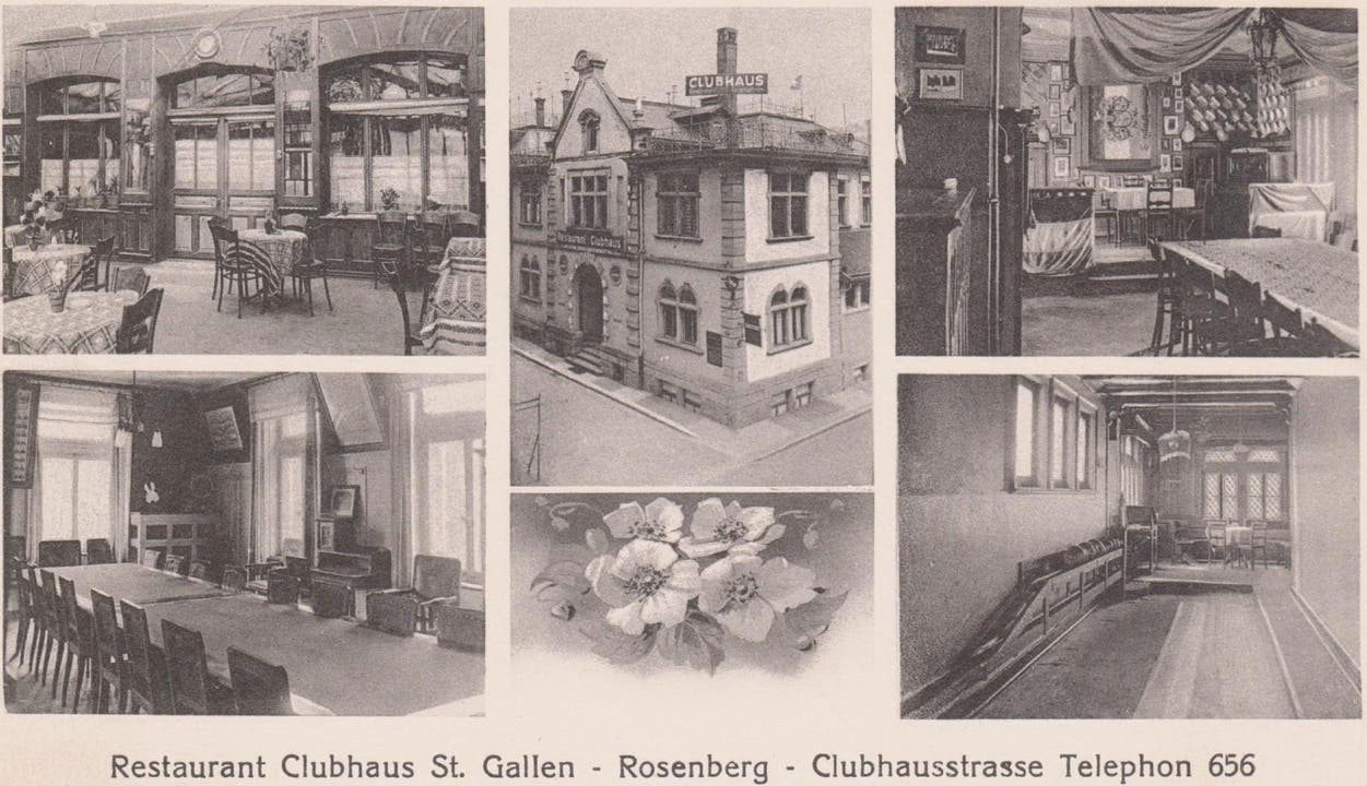 Innen- und Aussenansichten des Klubhauses auf einer Mehrbildkarte um 1910. (Bild: Stadtarchiv der Ortsbürgergemeinde St.Gallen)
