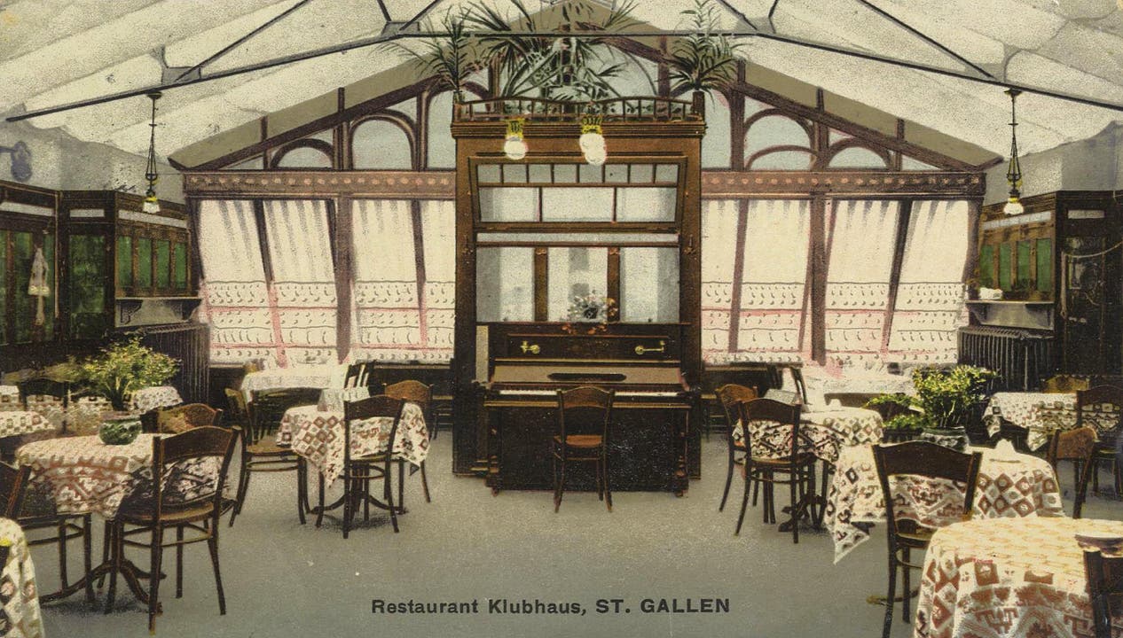 Das Innere des Wintergartens im Klubhaus auf einer Ansichtskarte um 1900. (Bild: Sammlung Peter Uhler)