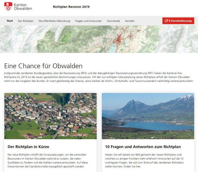 Die Website zur Revision des Richtplanes des Kantons Obwalden. (Bild: richtplan.ow.ch)