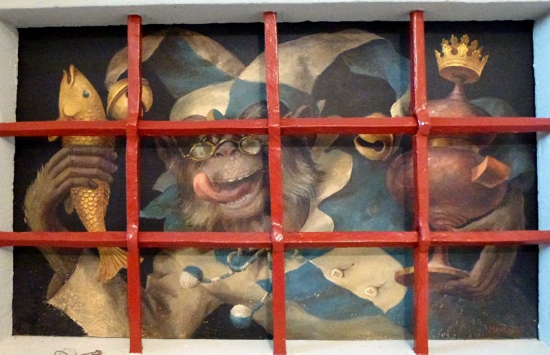 Das Gemälde mit dem originalen «Huerenaff» der Luzerner Safran-Zunft befindet sich im Innern des Freihofs Geissenstein. (Bild: PD)