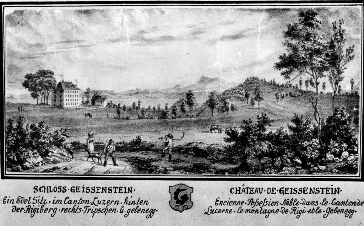 Der Freihof Geissenstein (links) auf einem Kupferstich um 1790. Hinten ist die Rigi zu sehen, rechts das Tribschengebiet. Perspektiven und Dimensionen auf der alten Ansicht sind nicht detailgetreu. (Bild: PD)