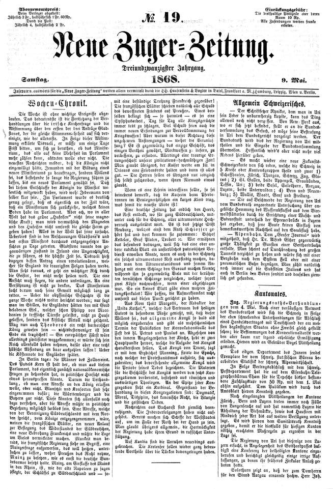 Eine Ausgabe der Zuger Zeitung vom 9. Mai 1868. Bild: PD