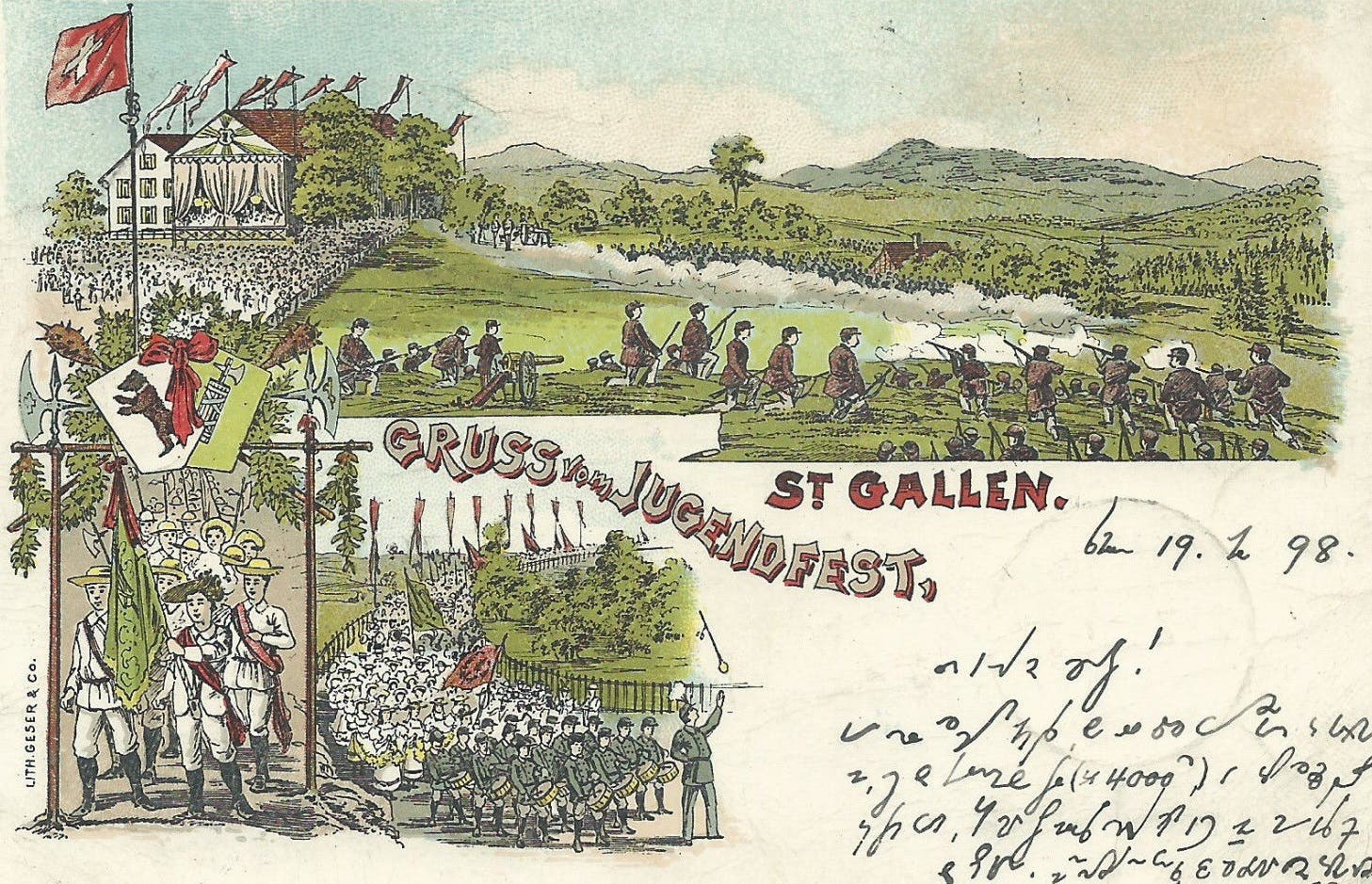 Ein Grusskarte vom St.Galler Jugendfest. Postalisch gelaufen ist sie 1898, und zwar mit einem stenografischen Gruss. Neben den bis heute bekannten Elementen des Festes ist das Schlussmanöver des heute nicht mehr existierenden Kadettenkorps der Kantonsschule am Burggraben abgebildet.