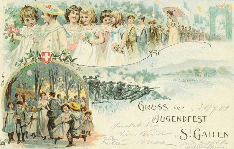 Weniger martialisch kommt die am Jugendfest vom 30. Juli 1901 verschickte Grusskarte daher. Der Umzug mit den Blumenmädchen und die Abendunterhaltung sind hier zentrale Elemente.