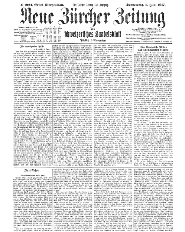 So sah die Titelseite der «Neuen Zürcher Zeitung» am Donnerstag, 7. Juni 2018 aus. Es ist eine historische Front aus dem Jahr 1917 desselben Tages. Der untere Artikel trägt den Titel «Volkstümliches aus Zug». Bild: PD/NZZ