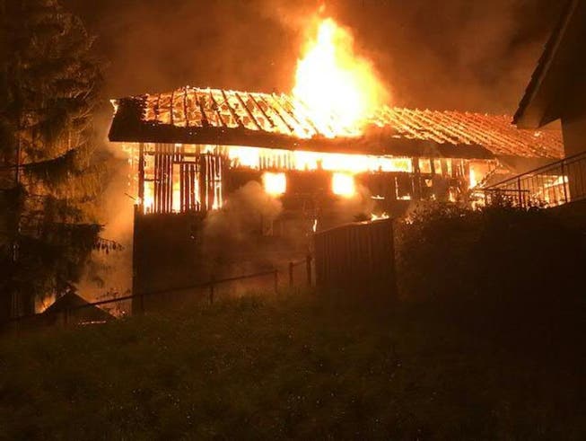 Flammeninferno: Ein Bauernhaus, das abgebrochen werden sollte, ist in der Nacht auf Freitag in Buttwil AG vollständig niedergebrannt. (Bild: Handout Kantonspolizei Aargau)