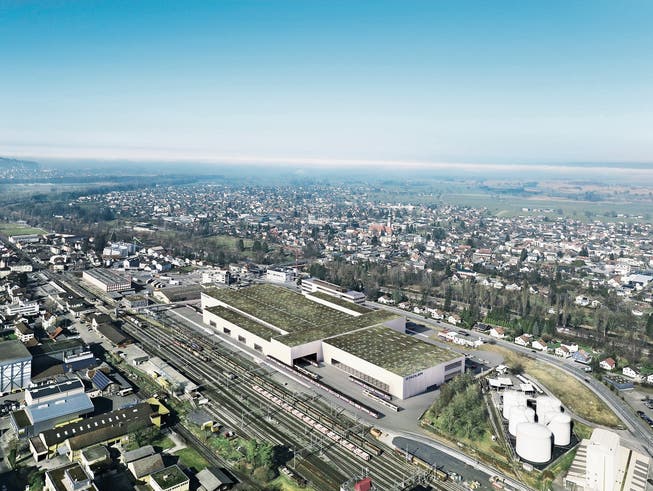 Mit 40 000 Quadratmetern Bruttogeschossfläche eine der grössten Fabriken, die in der Schweiz gebaut wird: So soll das neue Stadler-Produktionswerk auf dem Altfeldareal in St. Margrethen aussehen. (Visualisierung: HRS)