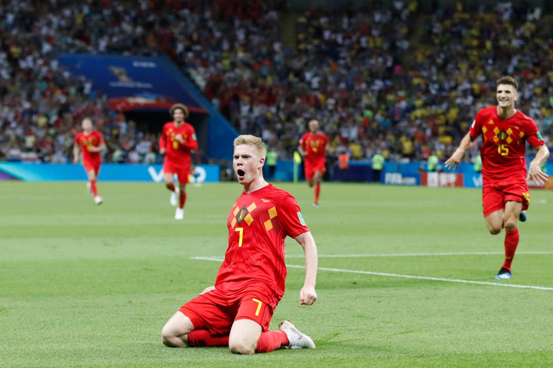 Belgien Kevin De Bruyne feiert sein Tor zum 2:0 für Belgien. (AP Photo/Frank Augstein, Kazan, 6. Juli 2018)
