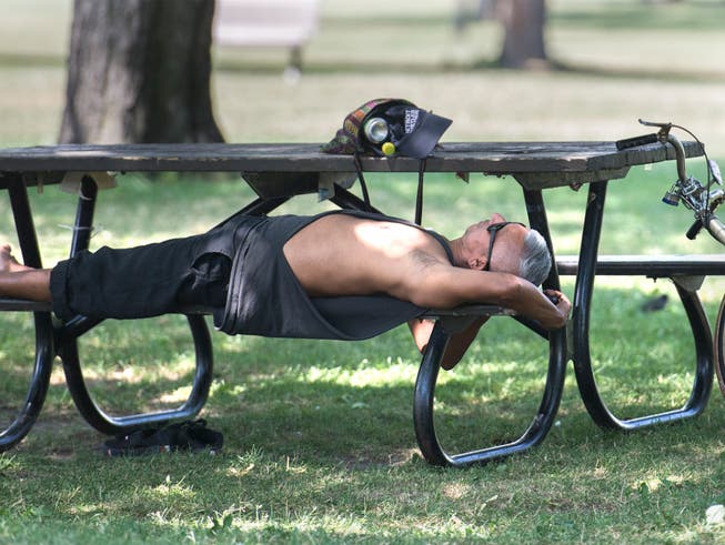 Hitzewelle im Osten Kanadas: Ein Mann ruht sich im Schatten eines Baumes in einem Park in Montreal aus. (Bild: KEYSTONE/AP The Canadian Press/GRAHAM HUGHES)