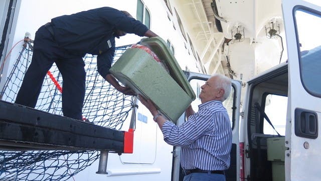 Gianpietro Lepore von "Repubblica dei Ragazzi" holt jeden Freitag im Hafen von Civitavecchia Lebensmittelpakete ab. 