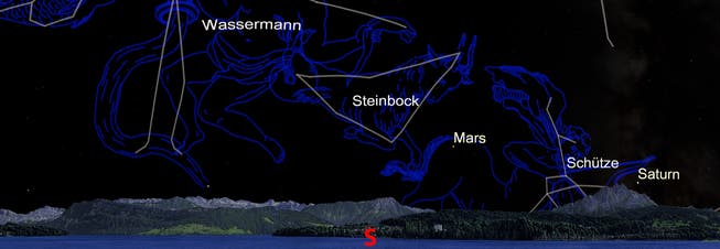 So präsentiert sich der Astrohimmel am 15. August 2018 um Mitternacht vom Verkehrshaus mit Blickrichtung Süden. Links das Stanserhorn, rechts der Pilatus. (Bild: Illustration: Verkehrshaus der Schweiz. Panorama: Marc Blaser.)