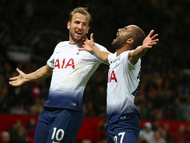 Harry Kane (links) und Lucas - die Torschützen Tottenhams beim Sieg gegen Manchester United (Bild: KEYSTONE/AP/DAVE THOMPSON)