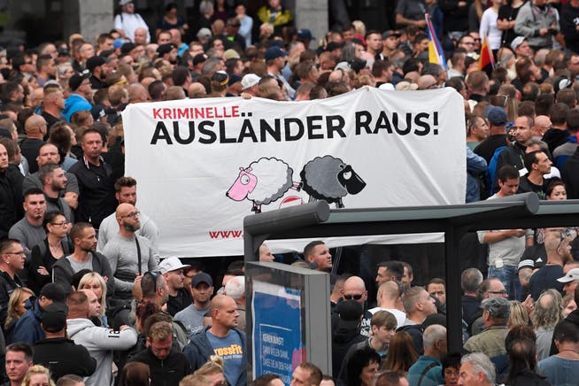 Das Sujet dürfte Schweizern bekannt vorkommen: das SVP-Schäfchen tauchten an der Demonstration rechtsextremer Gruppierungen in Chemnitz auf. (Bild: Filip Singer/EPA, Chemnitz, 27. August 2018)