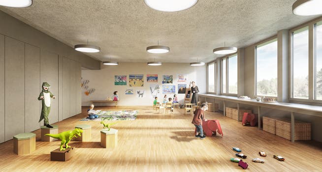 Die Visualisierung zeigt die Ansicht eines Kindergarten- respektive Betreuungsraumes im Erweiterungsbau. (Bild: PD)