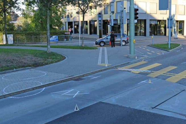 Die Stelle an der St.Leonhard-Strasse, an der am Montagabend ein Fussgänger vor einen Linienbus geriet. (Bild: Stadtpolizei St.Gallen - 24. September 2018)