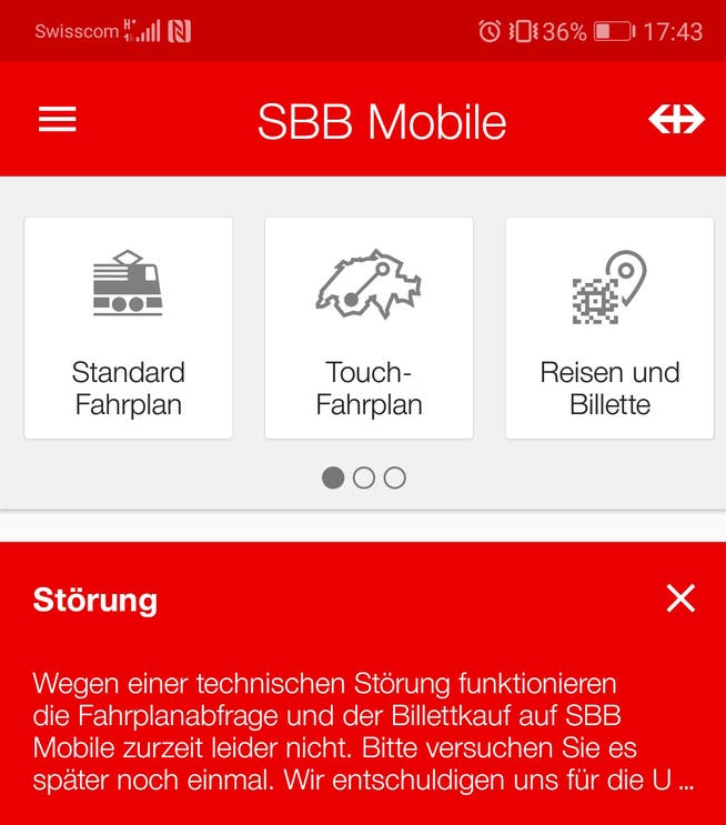 Die Störungsmeldung in der SBB-App. (Bild: Screenshot App)