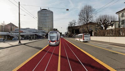 Eine Tramvision für die Rorschacher Strasse beim Grossacker aus einem Bericht der Stadt von 2016. (Bild: Visualisierung: Stadt St.Gallen)
