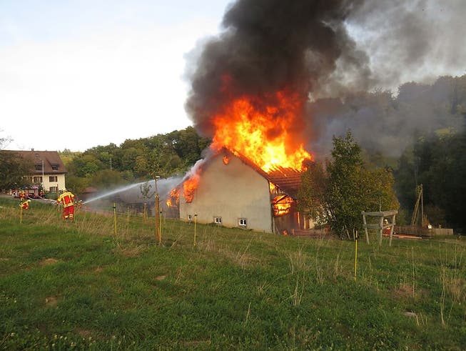 Trotz Grosseinsatz der Feuerwehr brannte das renovierte Bauernhaus vollständig nieder. (Bild: Kantonspolizei Aargau)