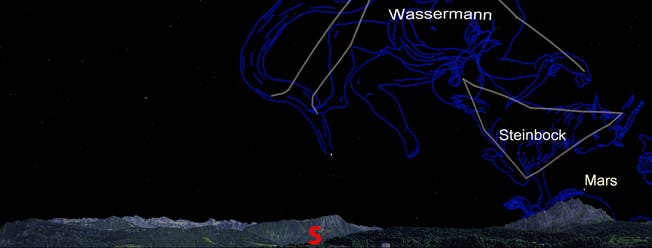 So präsentiert sich der Astrohimmel am 15. September 2018 um Mitternacht vom Verkehrshaus mit Blickrichtung Süden. Links das Stanserhorn, rechts der Pilatus. Illustration: Verkehrshaus der Schweiz. Panorama: Stefan Blaser.