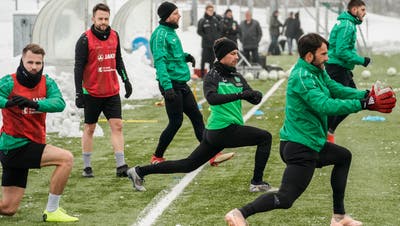 Training nach der Winterpause: Roman Buess (vorne links), Andreas Wittwer, Alain Wiss und Torhüter Daniel Lopar (vorne rechts). (Bild: Andy Mueller/freshfocus)